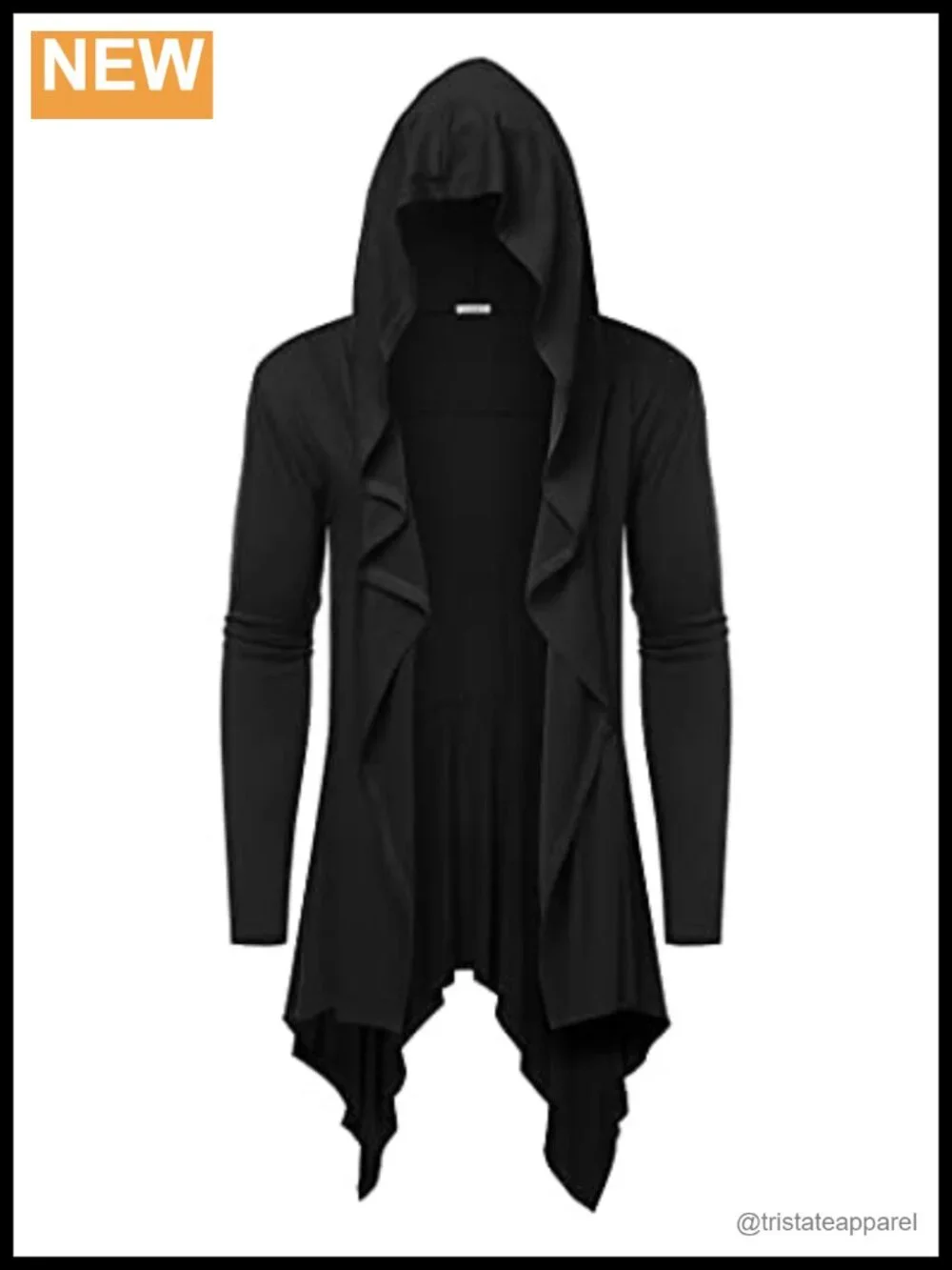Long Hooded Cardigan Ruffle Shawl Collar Open Front Lightweight Drape Cape
